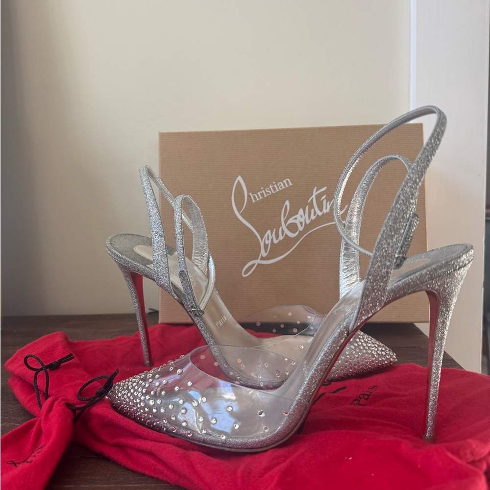 Christian Louboutin Spikaqueen 100 PVC Heels Silver Glitter Size 41 (U.S.10.5)